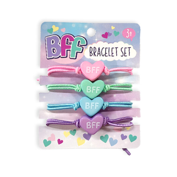 "BFF" heart bracelet set with pastel elastic bands.