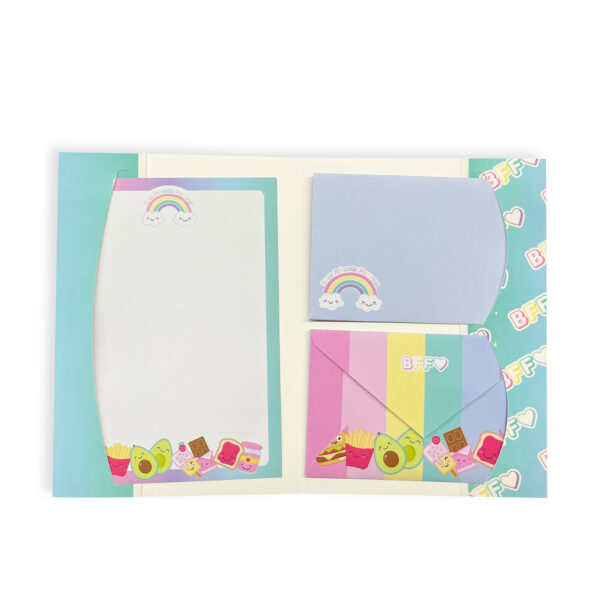 Open stationery set with "BFF" and food-themed designs.