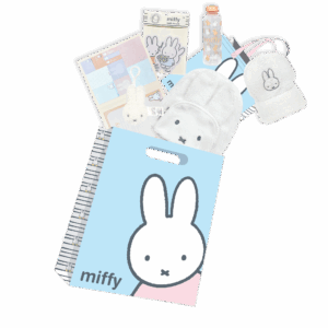 Miffy Showbag front view with backpack, cap and drink bottle