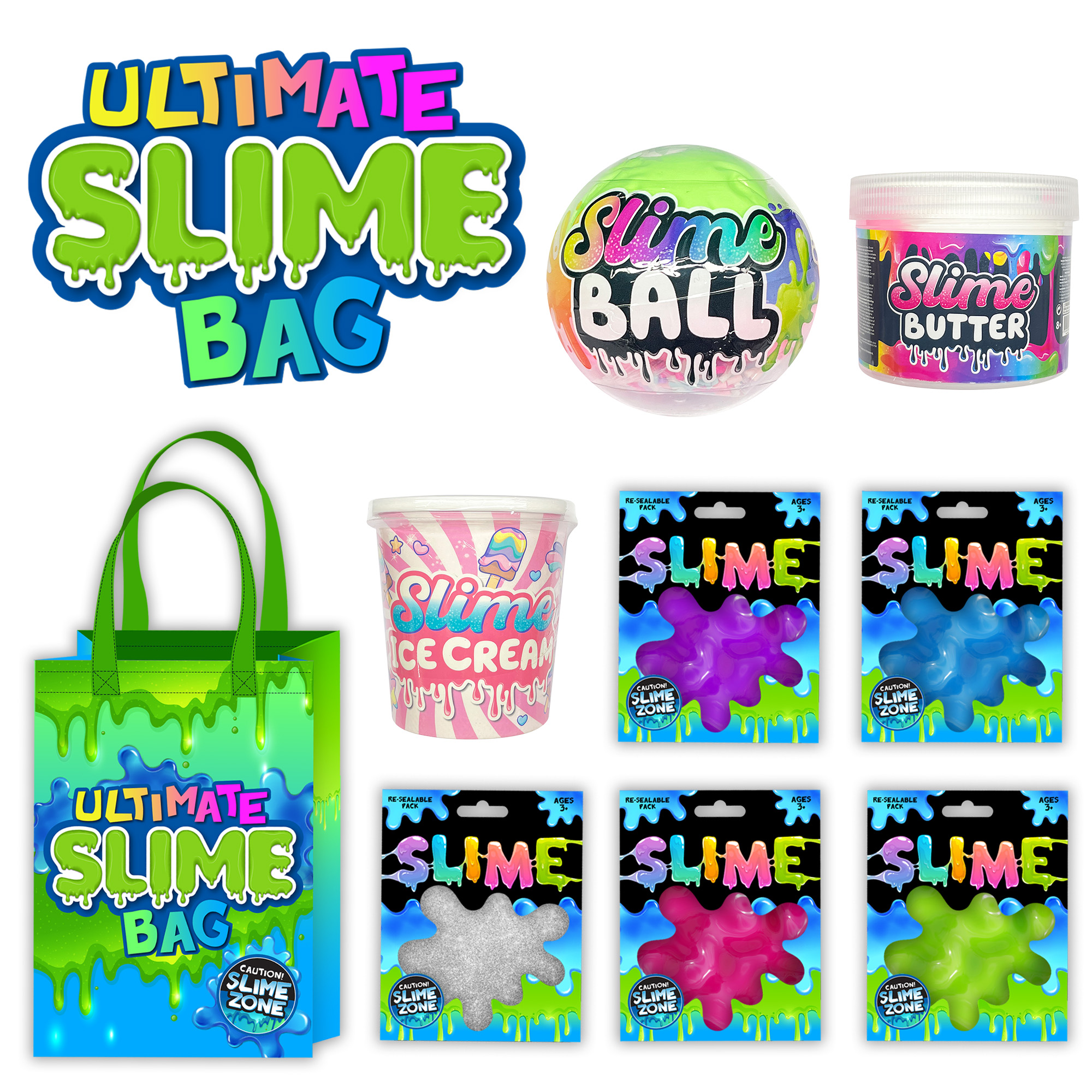 Inside the Slime Super Bag Australia with slime tubs and novelty toys