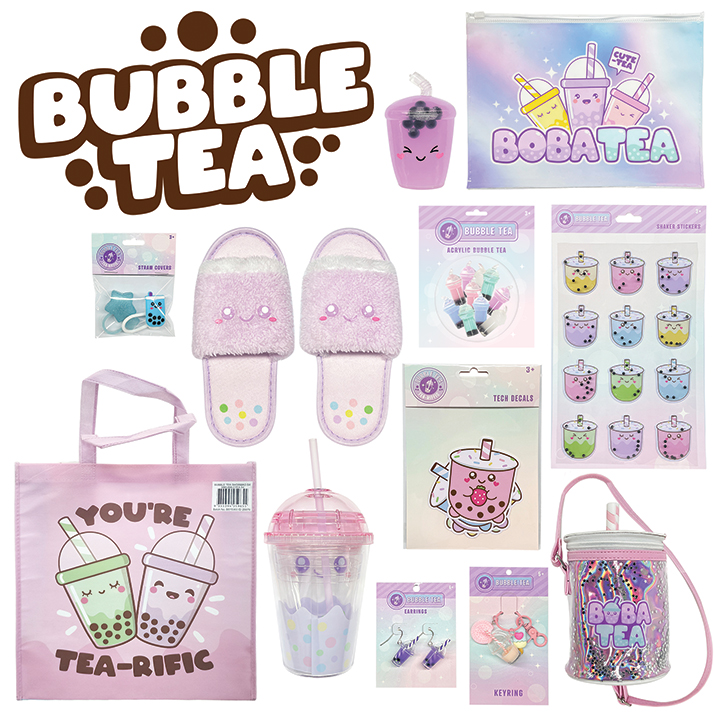 Bubble Tea Showbag contents with cup, earrings, handbag and more
