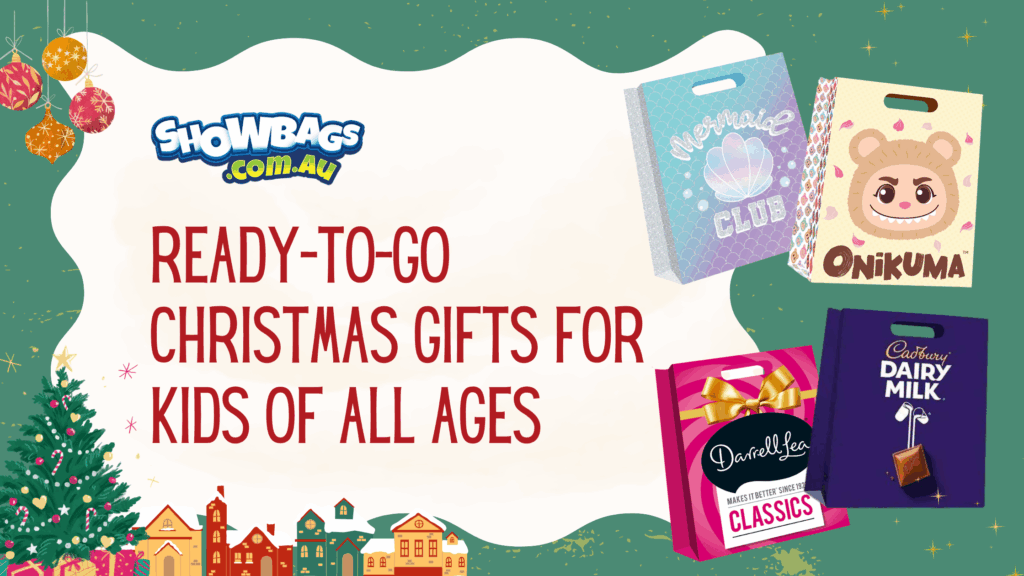 Children’s Christmas showbags with toys and chocolate displayed on a gift-wrapped table