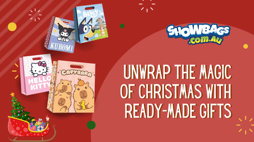 Christmas gift bags filled with toys, lollies and festive treats displayed on a decorated table