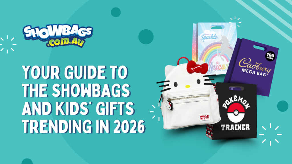 Assorted character showbags, mini packs and chocolate bags arranged on a bright party table