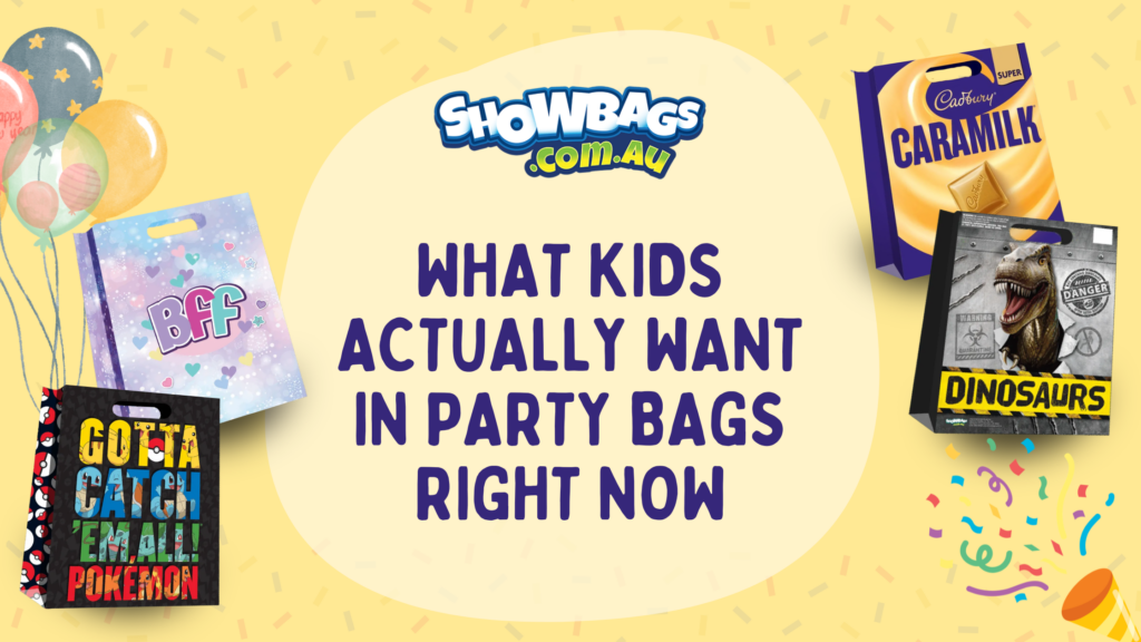 Character party bags for kids including Pokémon themes, mini packs and chocolate showbags